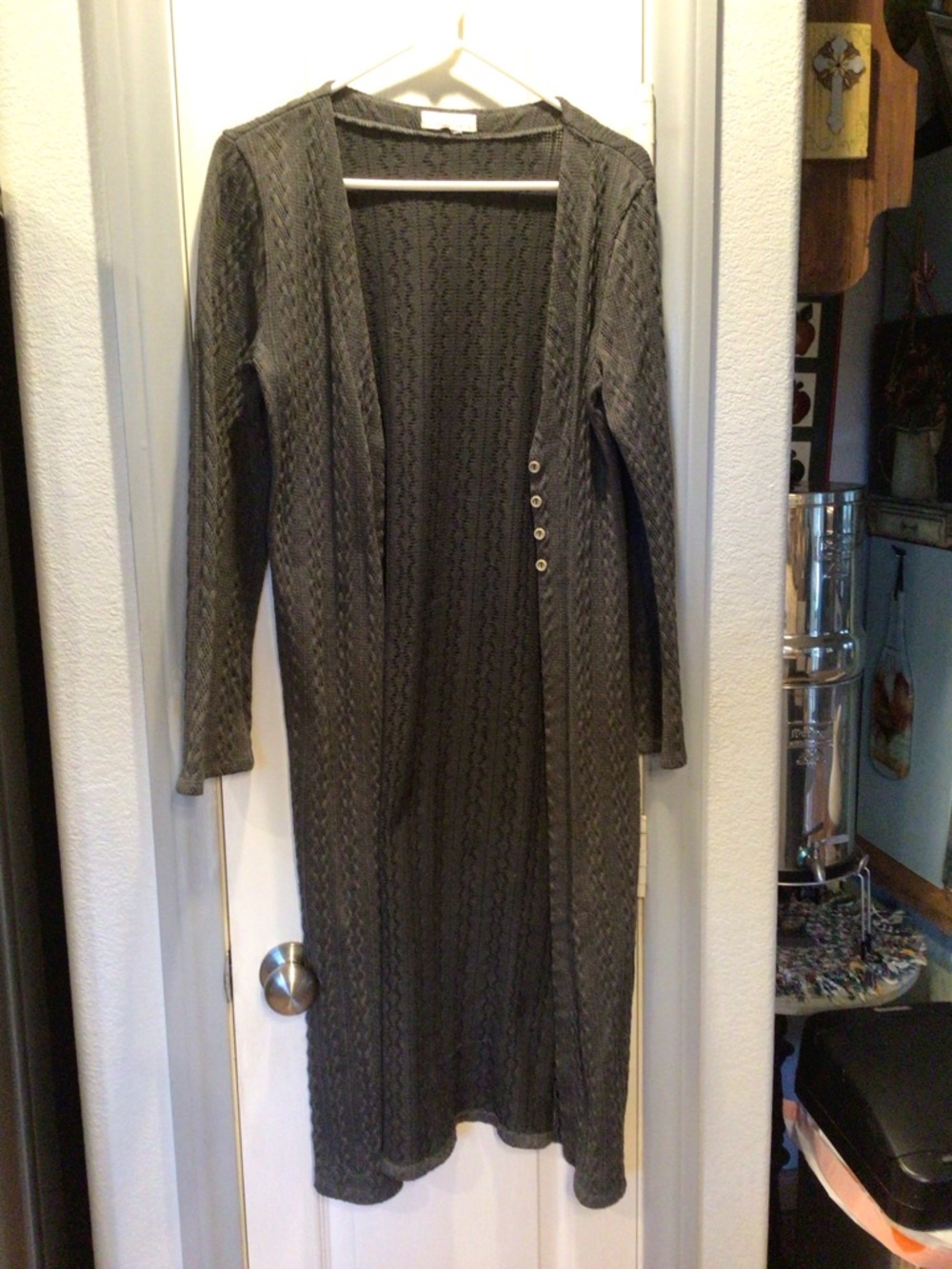 Long Knit Button-Accent Cardigan Dress - Olive Green
